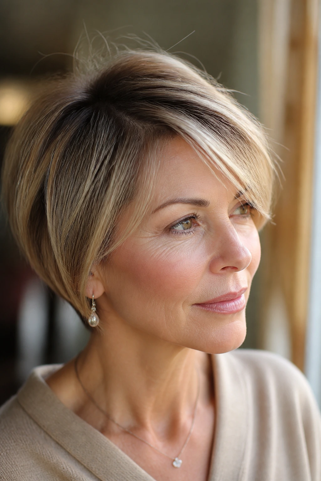 Close-up of a bob with mocha-to-blonde blend for low-contrast depth.