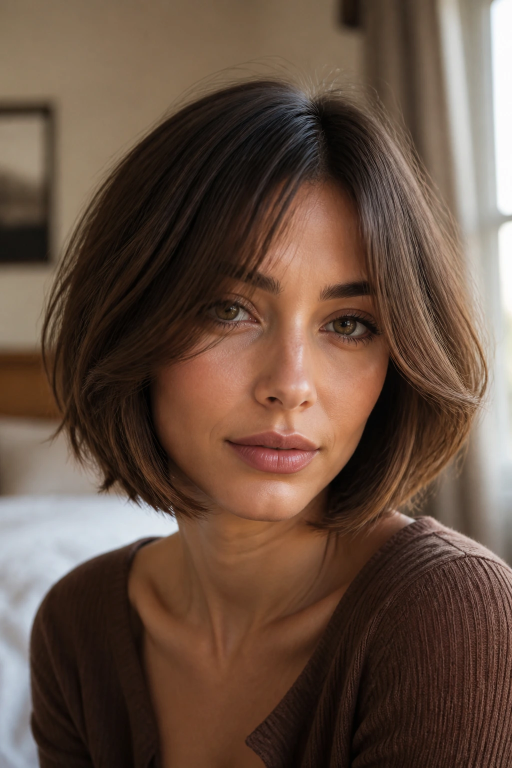 Close-up of a real woman with mocha bob and curtain bangs in window light