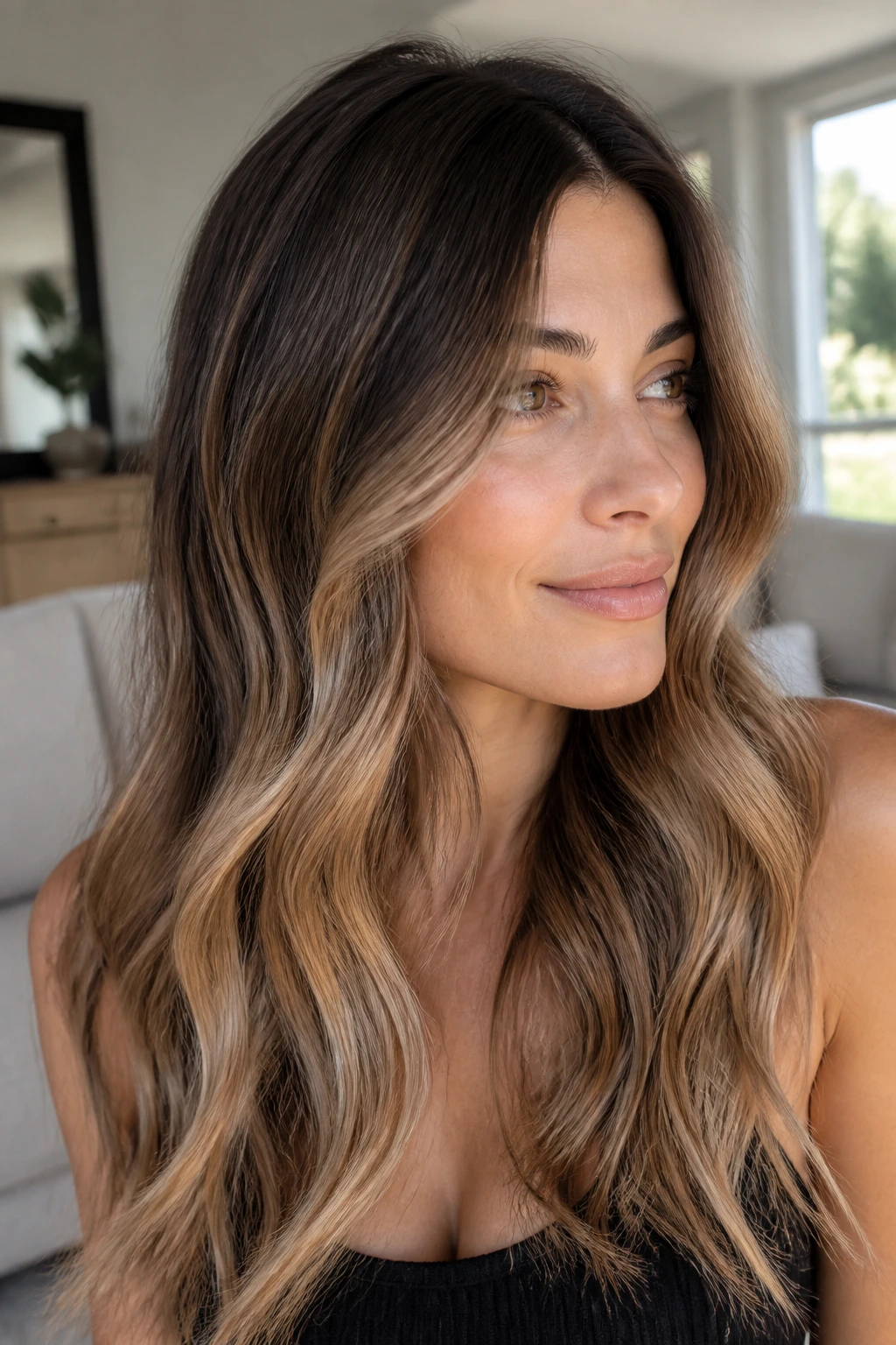 Close-up portrait of a real woman with mocha bronde melt hair in loose waves under natural daylight.