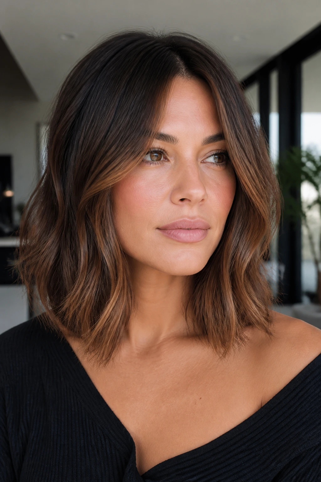 Portrait of a person with mocha bronze lob in soft indoor light