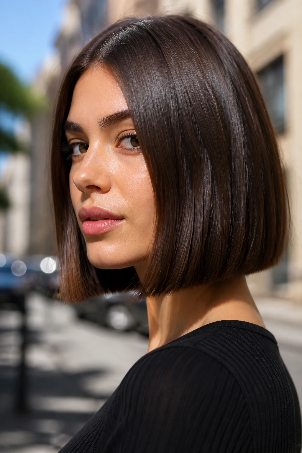 Mocha brown blunt bob with glossy ends in morning outdoor light