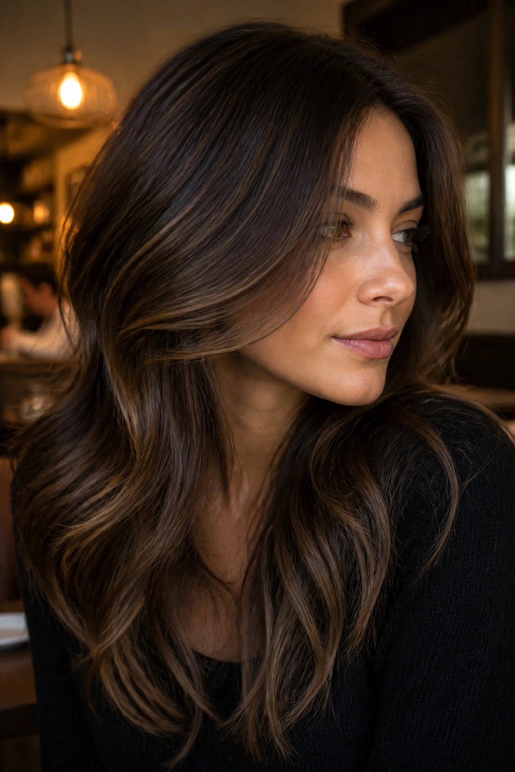 Portrait of a real woman with mocha brunette hair and warm lowlights in a cozy cafe setting