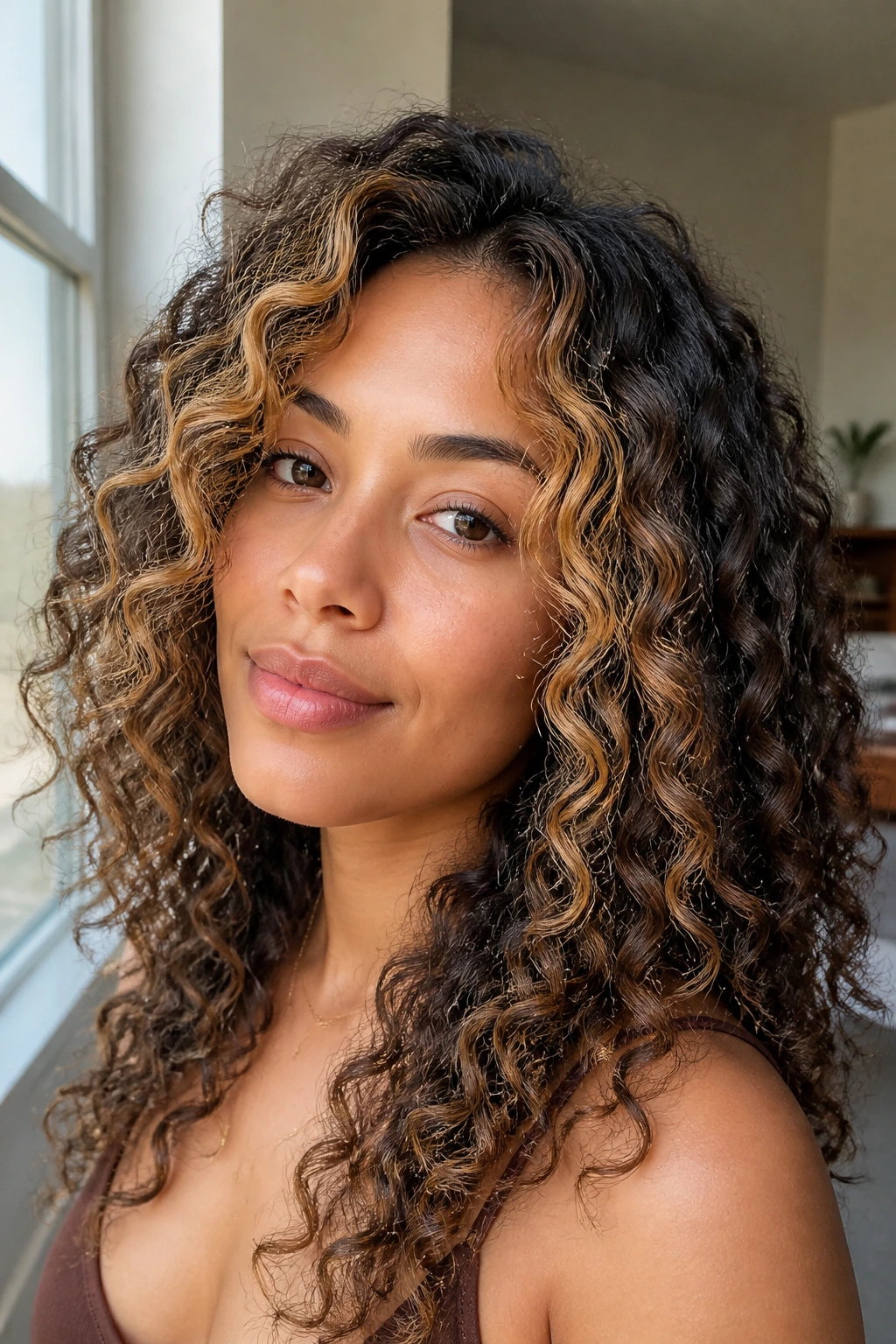 Close-up showing caramel halo around the face with mocha hair depth