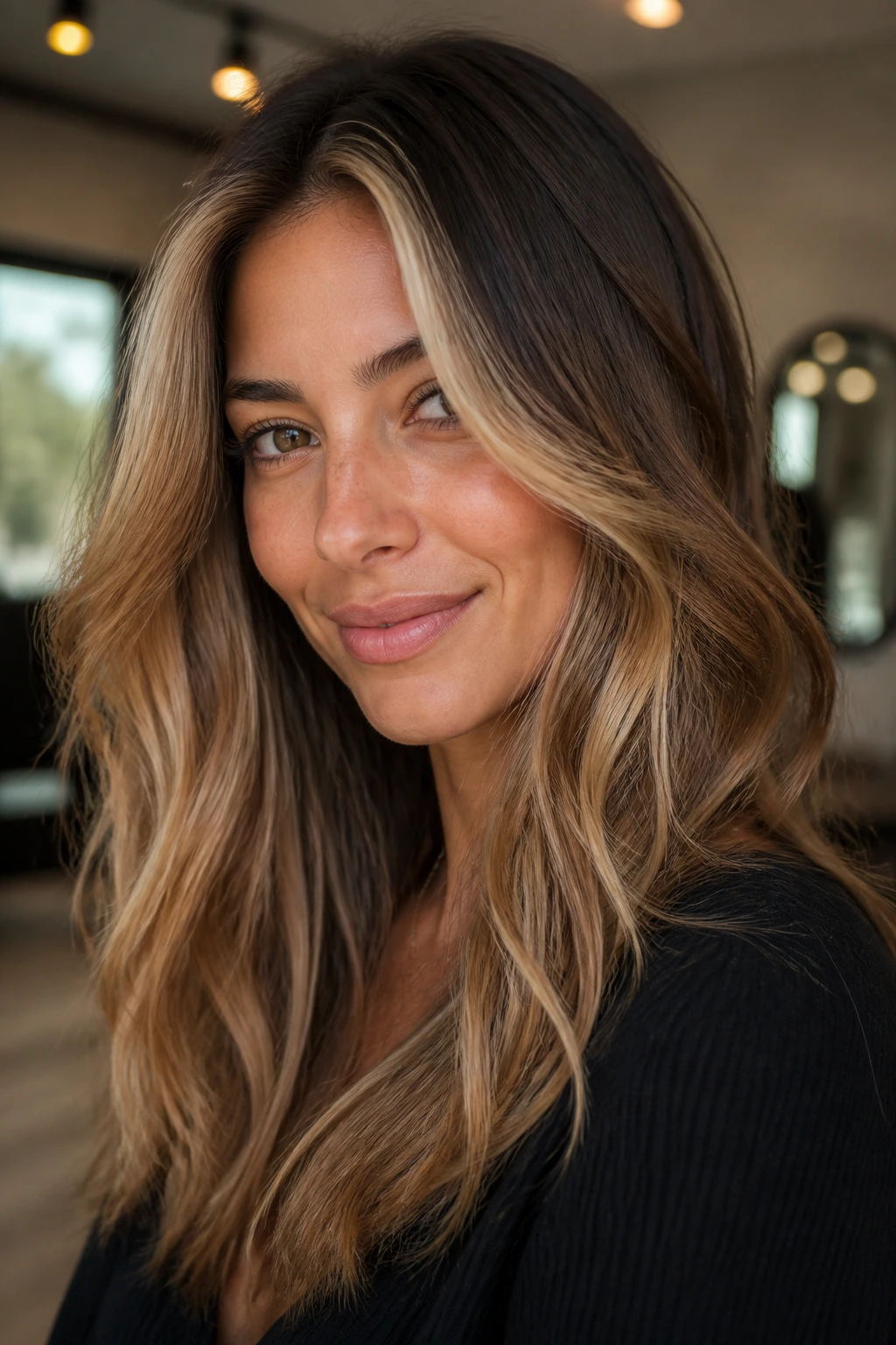 Close-up of a person with mocha to caramel melt and bright front money piece