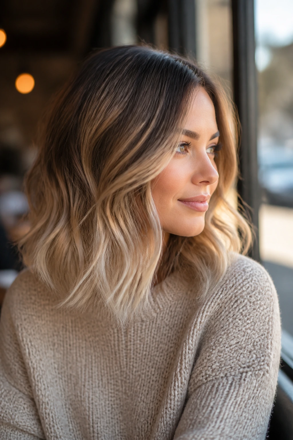 Mocha to champagne ombre on a short haircut, warm beige tones