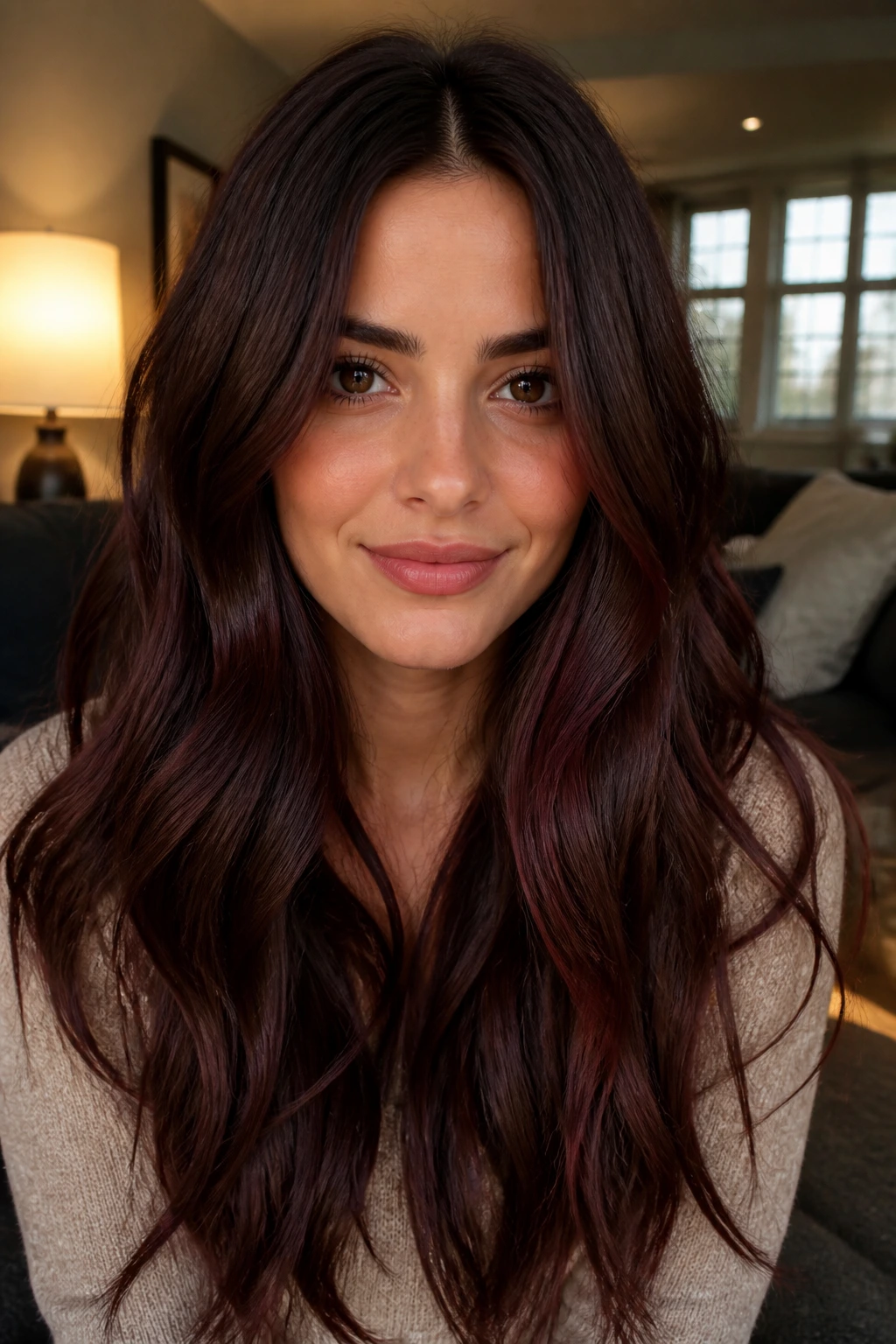 Portrait of a person with mocha cherry undertone hair in warm indoor light