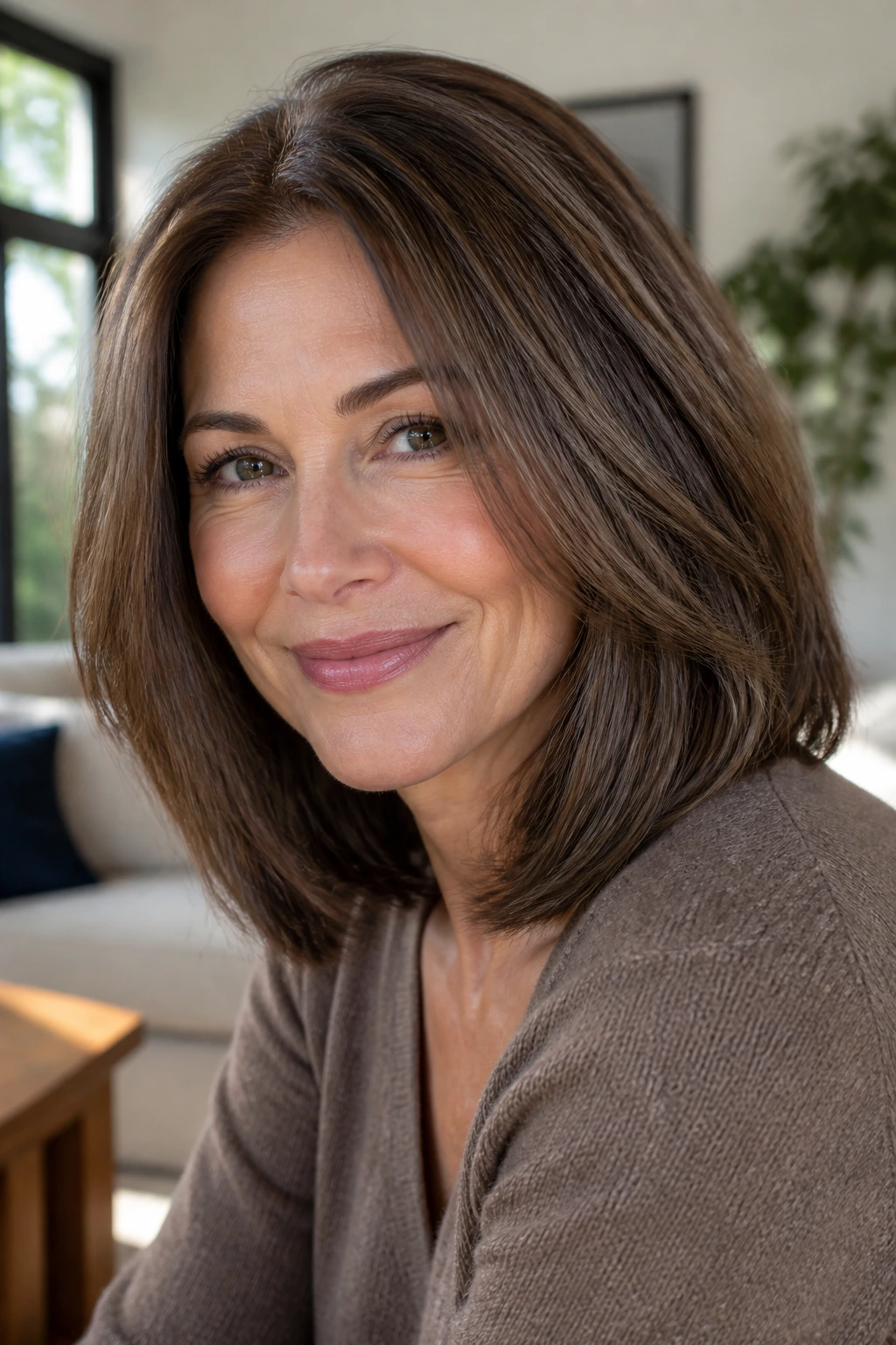 Close-up portrait of an older woman with mocha chestnut brown lob hairstyle.