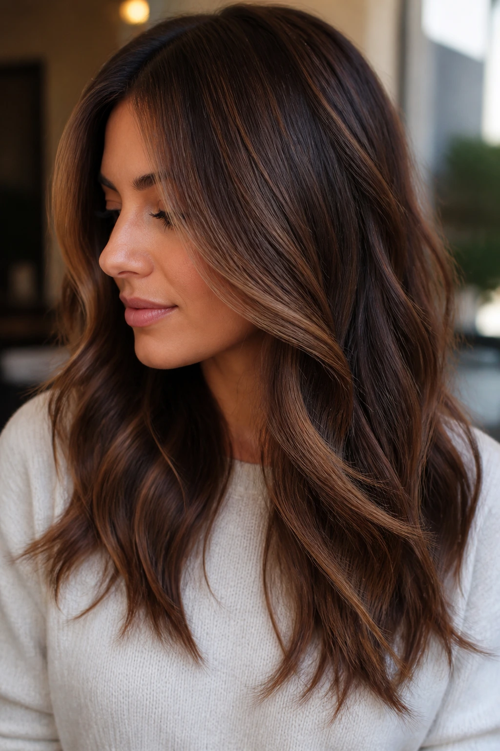 Close-up portrait of a woman showing mocha chestnut lowlights under the crown