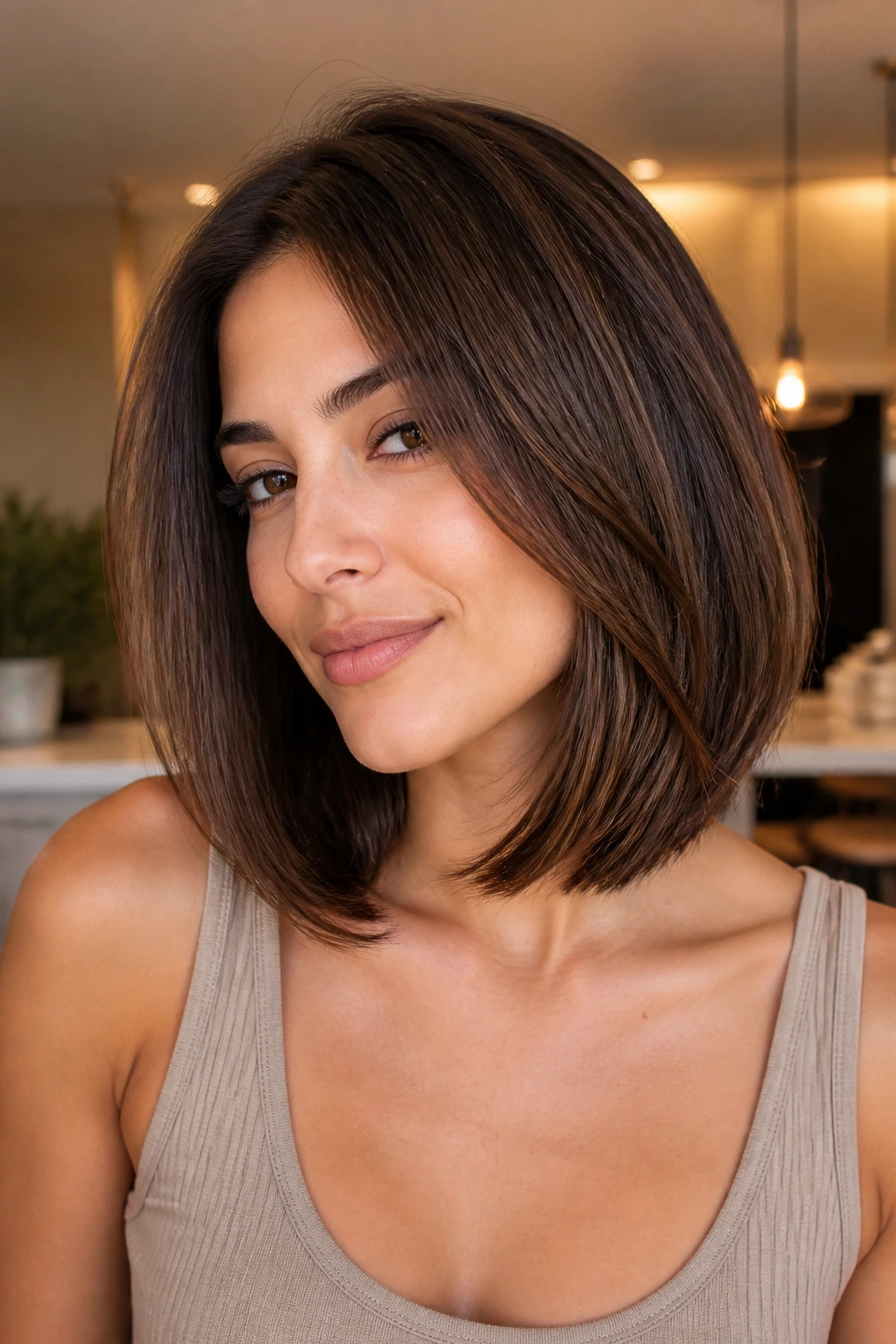 Close-up of mocha collarbone-length lob on a real person