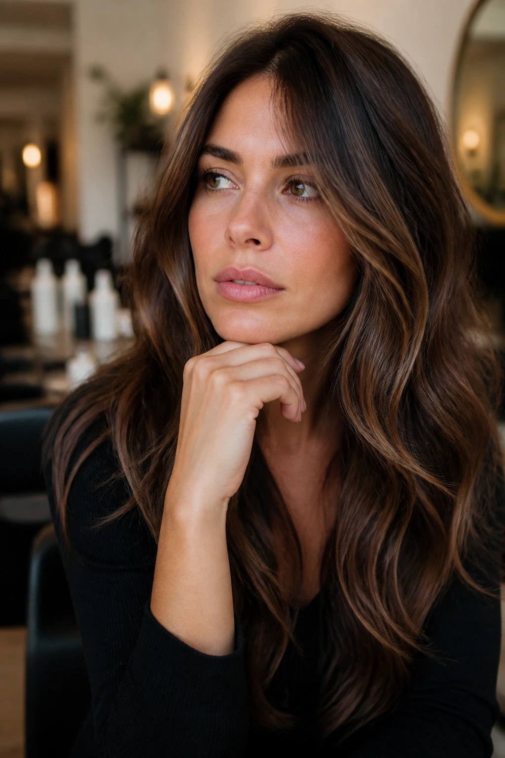 Real person considering mocha hair color options in a salon setting