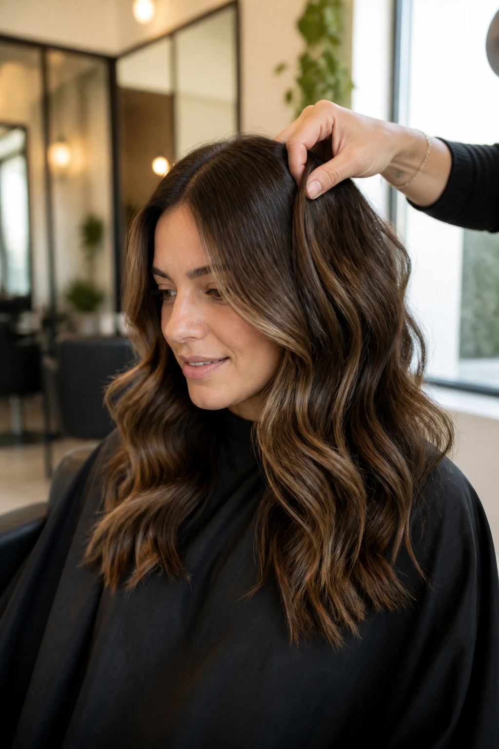 Client in chair asking colorist questions about mocha hair