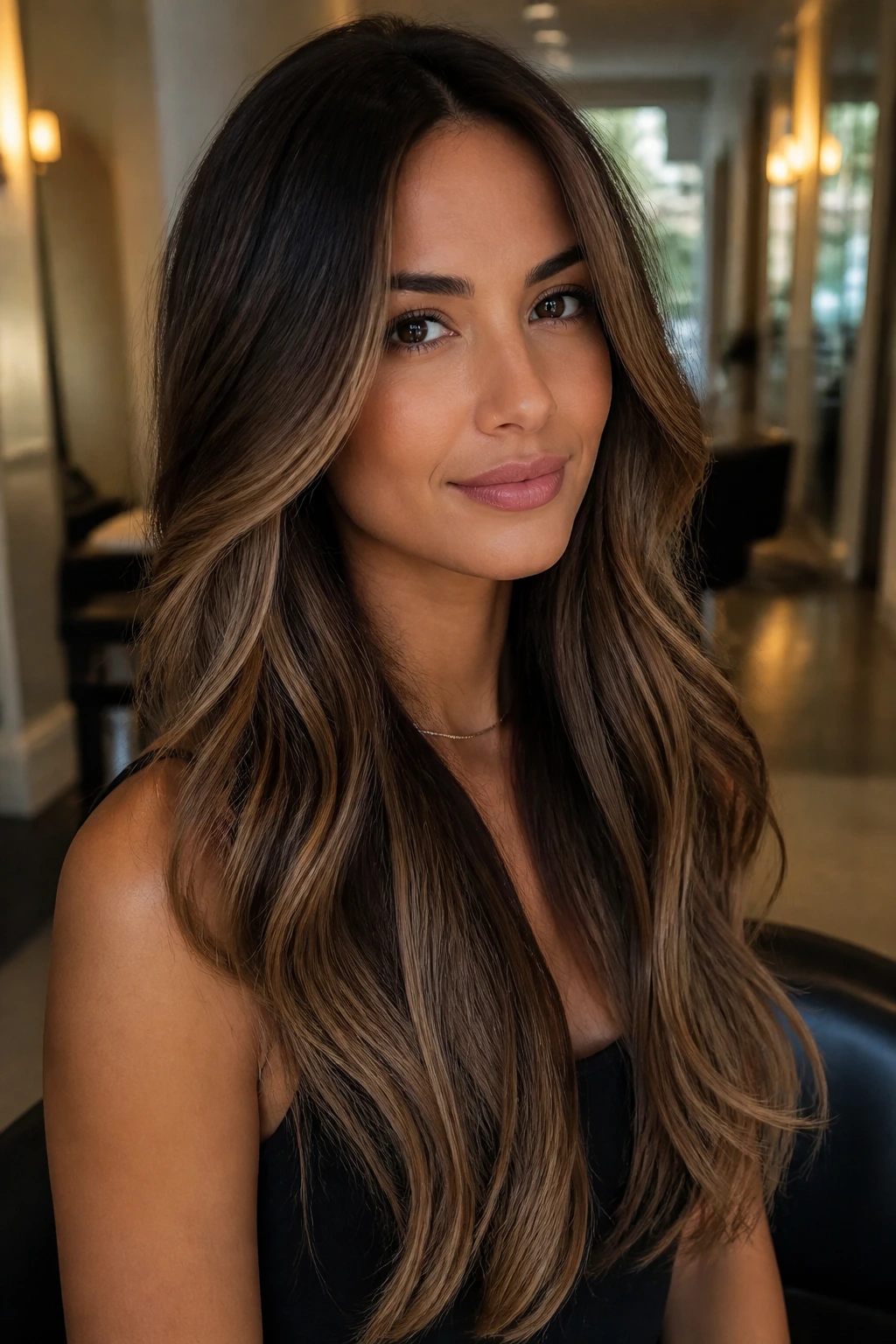 Portrait of a woman with long layered hair featuring mocha contour balayage.