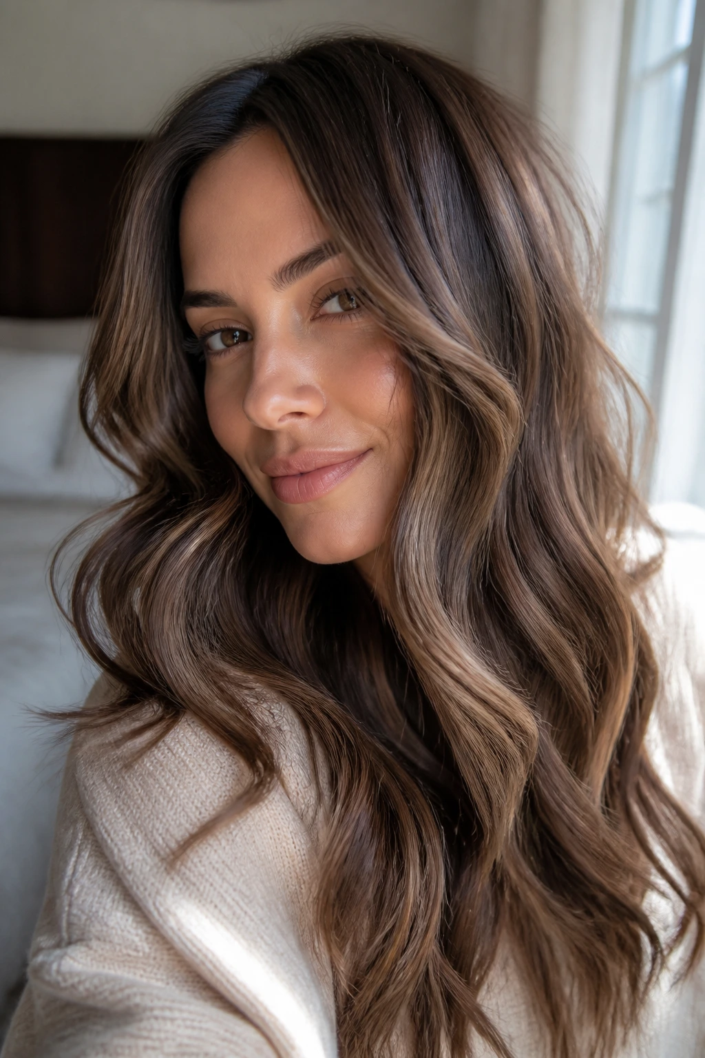 Close-up of a real woman's mocha hair with dimensional color in loose waves