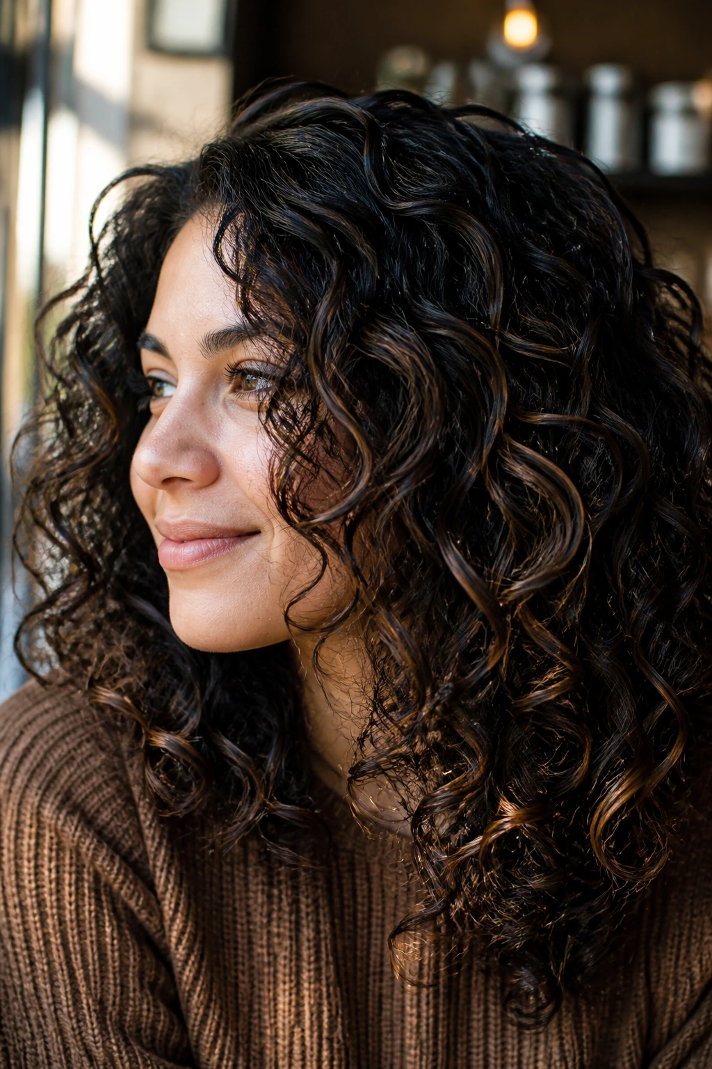 Close-up of dark curls with espresso and mocha ribboning around crown