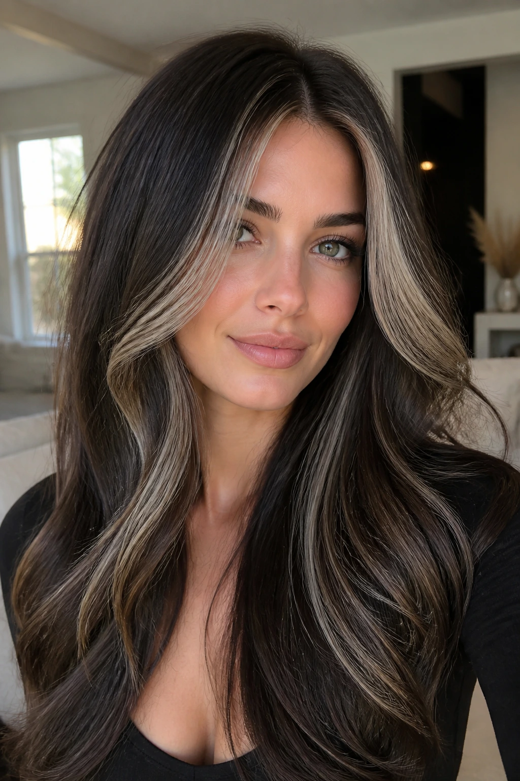 Close-up of real woman with Iced Mocha Face Frame highlighting cool front pieces on brunette hair.