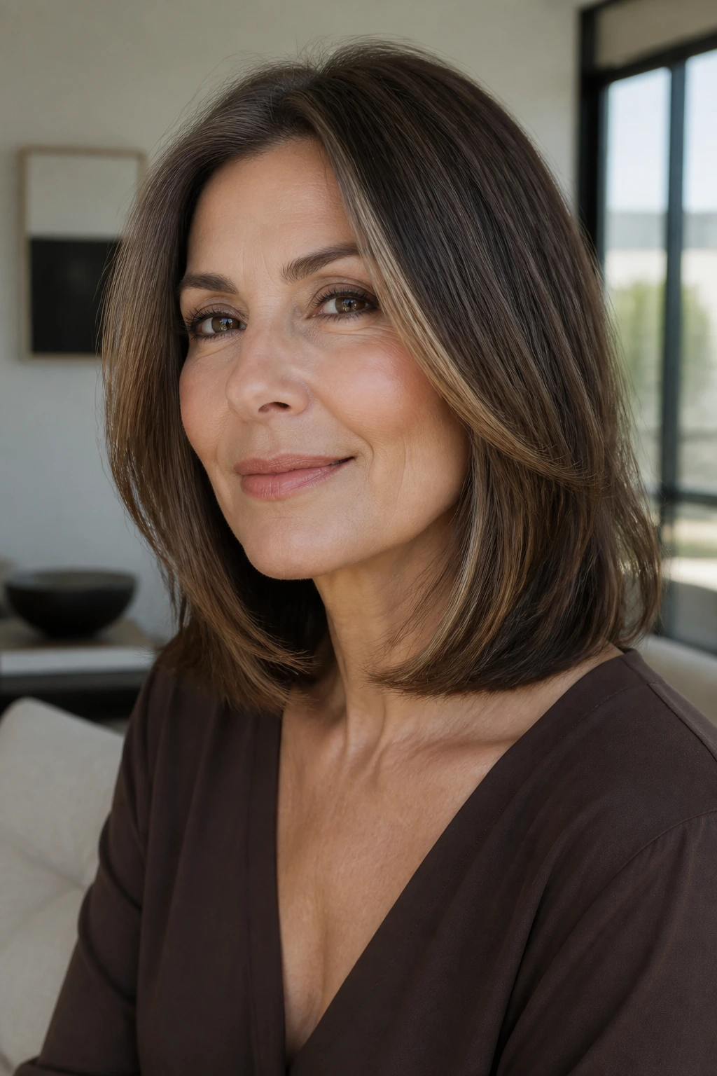 Close-up of a real woman with mocha face-framing pieces at cheekbone