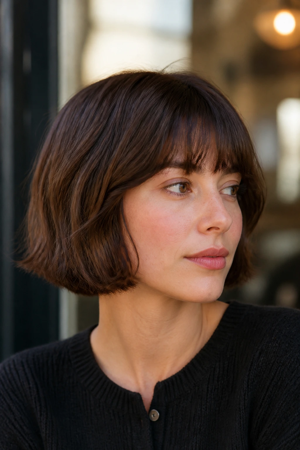Portrait of a real person wearing a mocha French bob with a gentle bend at the ends.