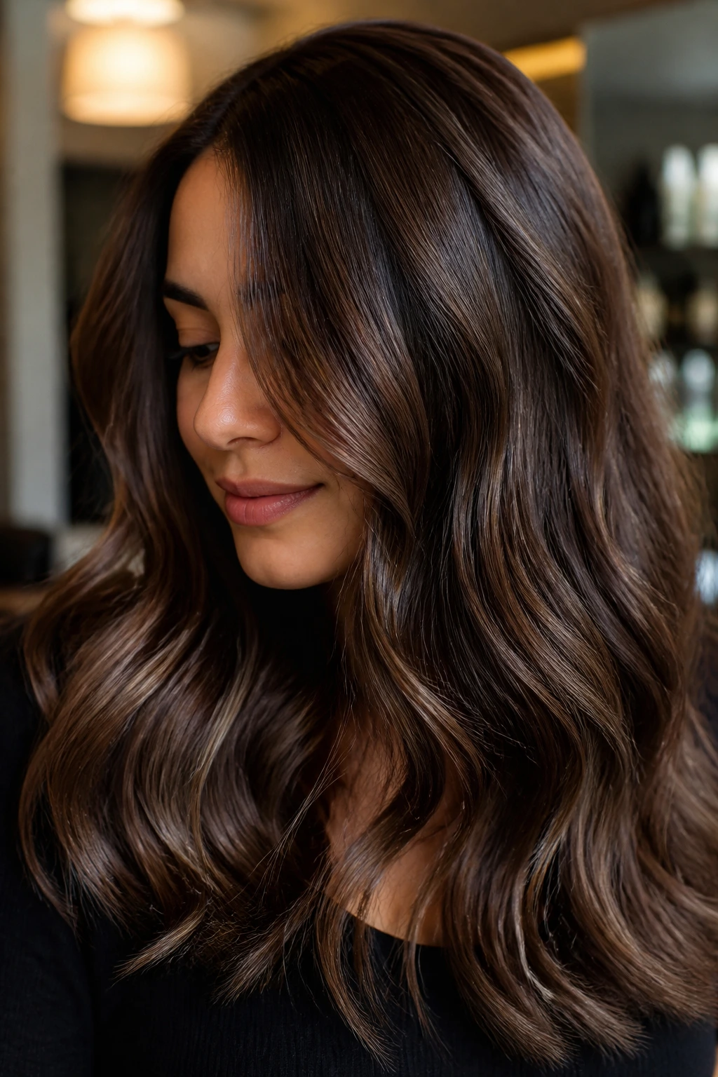 Close-up of mocha hair with gloss and subtle lowlights on a real person