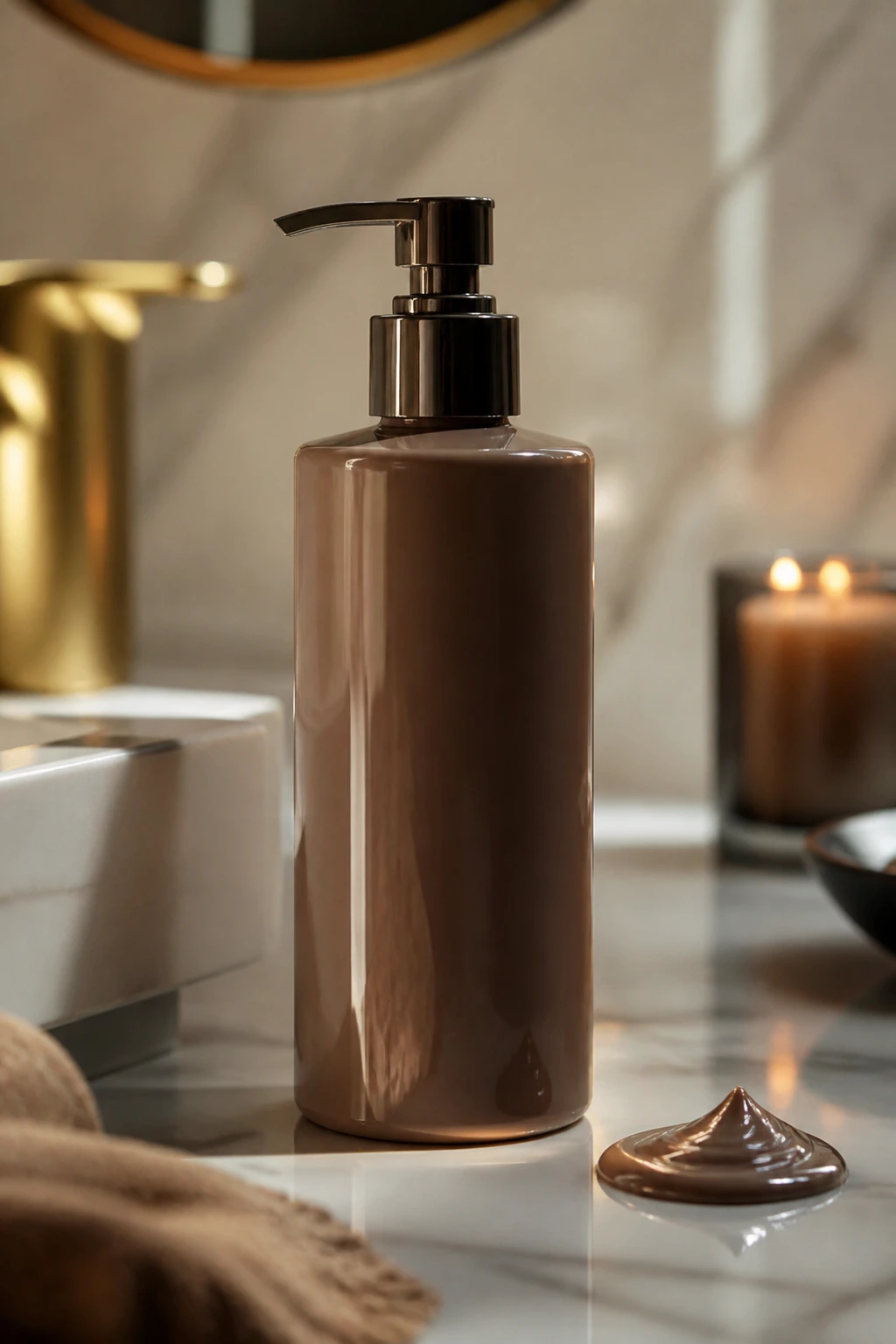 Glossy bottle on bathroom counter representing mocha hair products