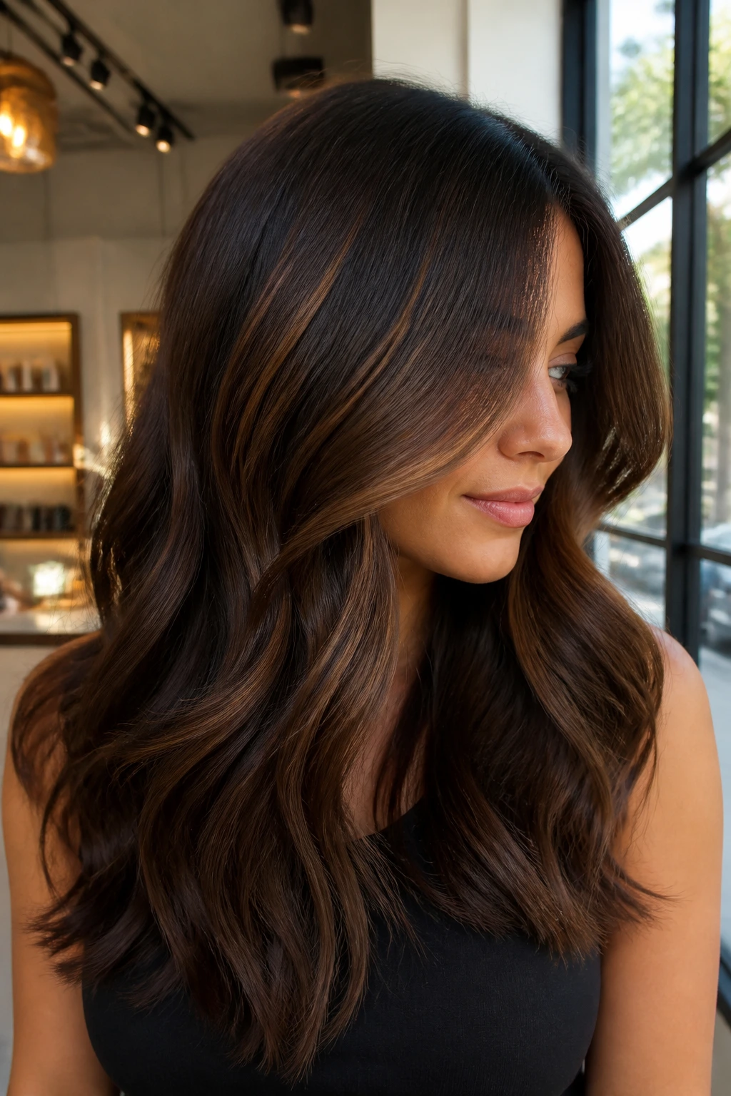 Close-up portrait of a brunette with soft dimensional mocha color in warm salon light