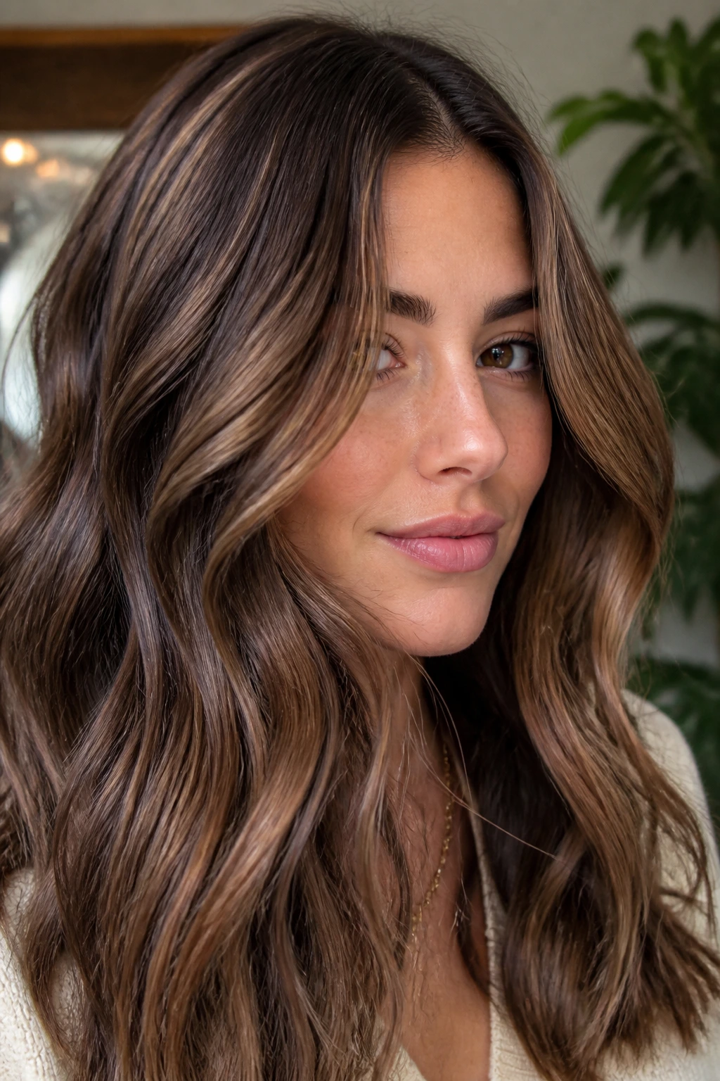 Dimensional coffee-toned mocha hair on a real person in warm light