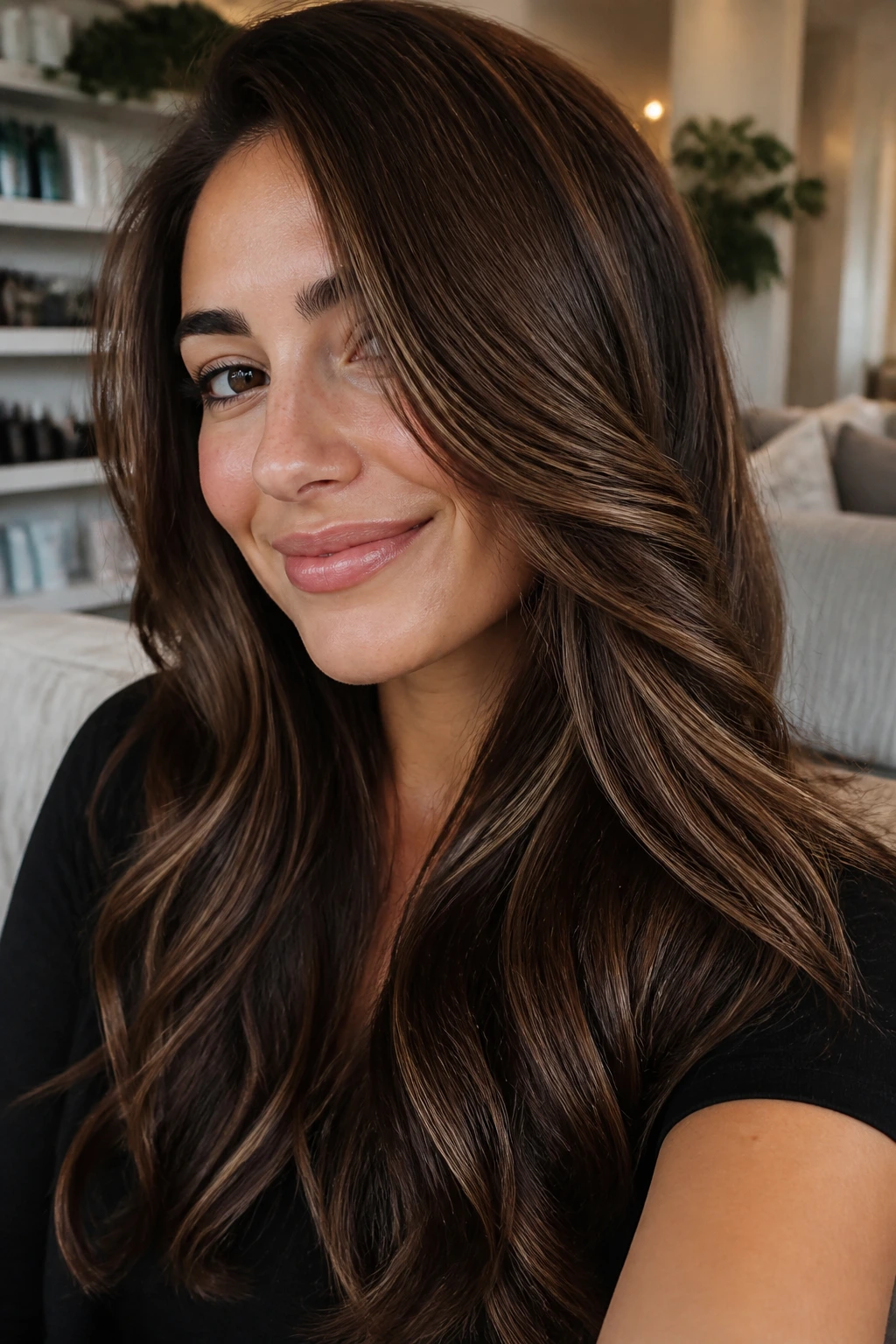 Close-up of mocha highlights on brown hair