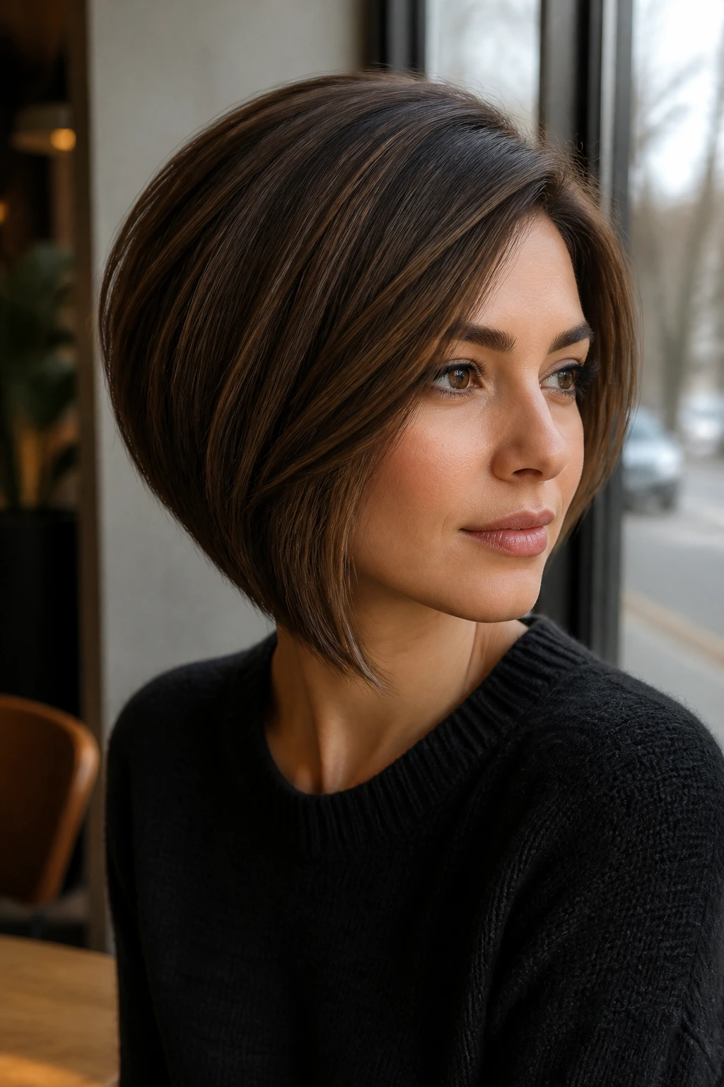 Portrait of a person with a mocha inverted bob filling the frame.