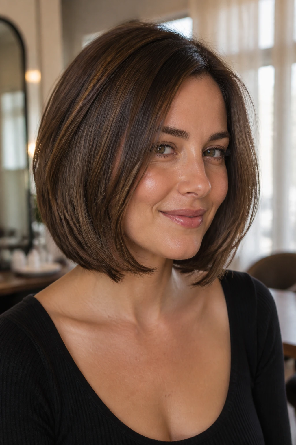 Real woman with mocha Italian bob and soft bend