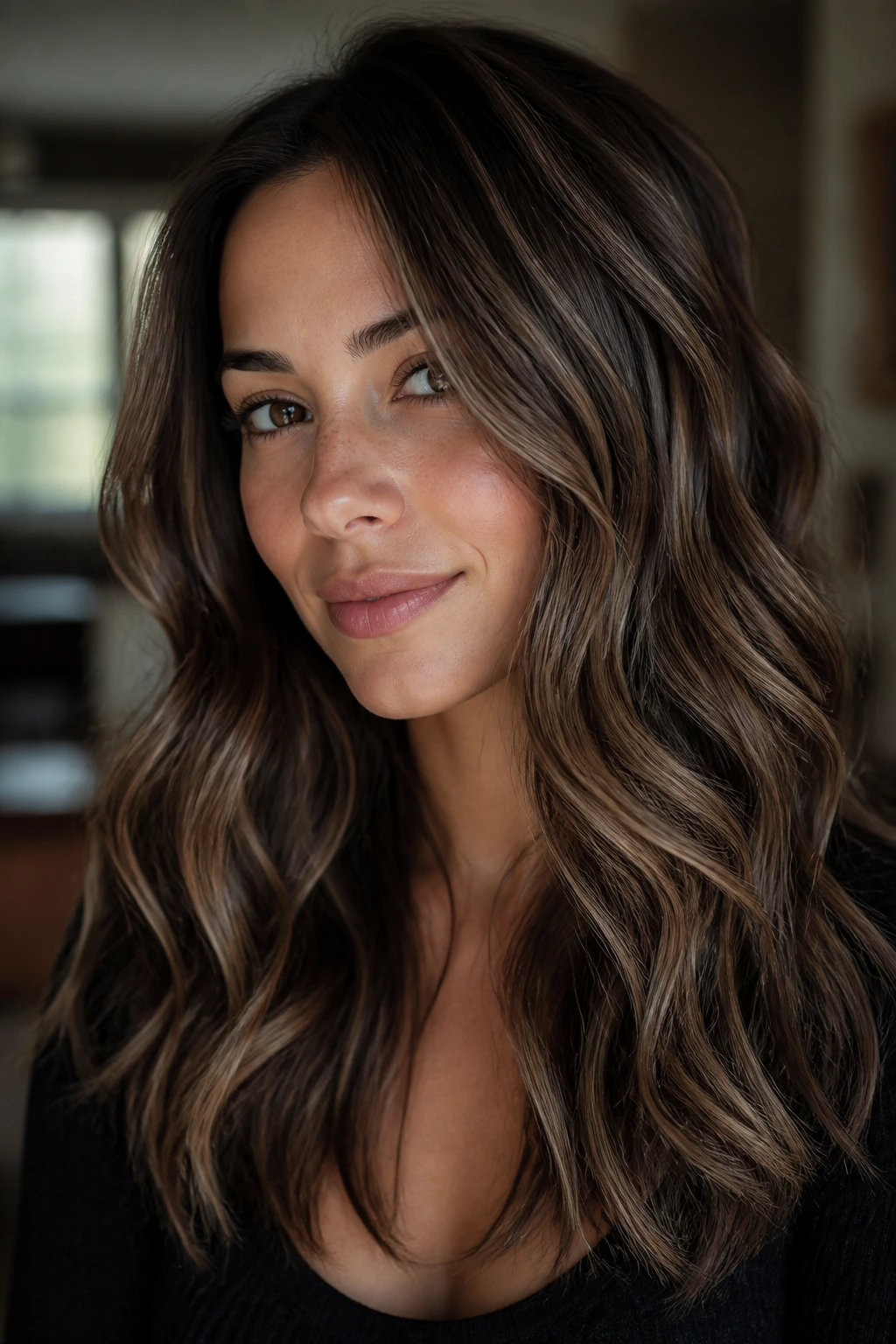Brunette with cool mocha lattice highlights in soft waves