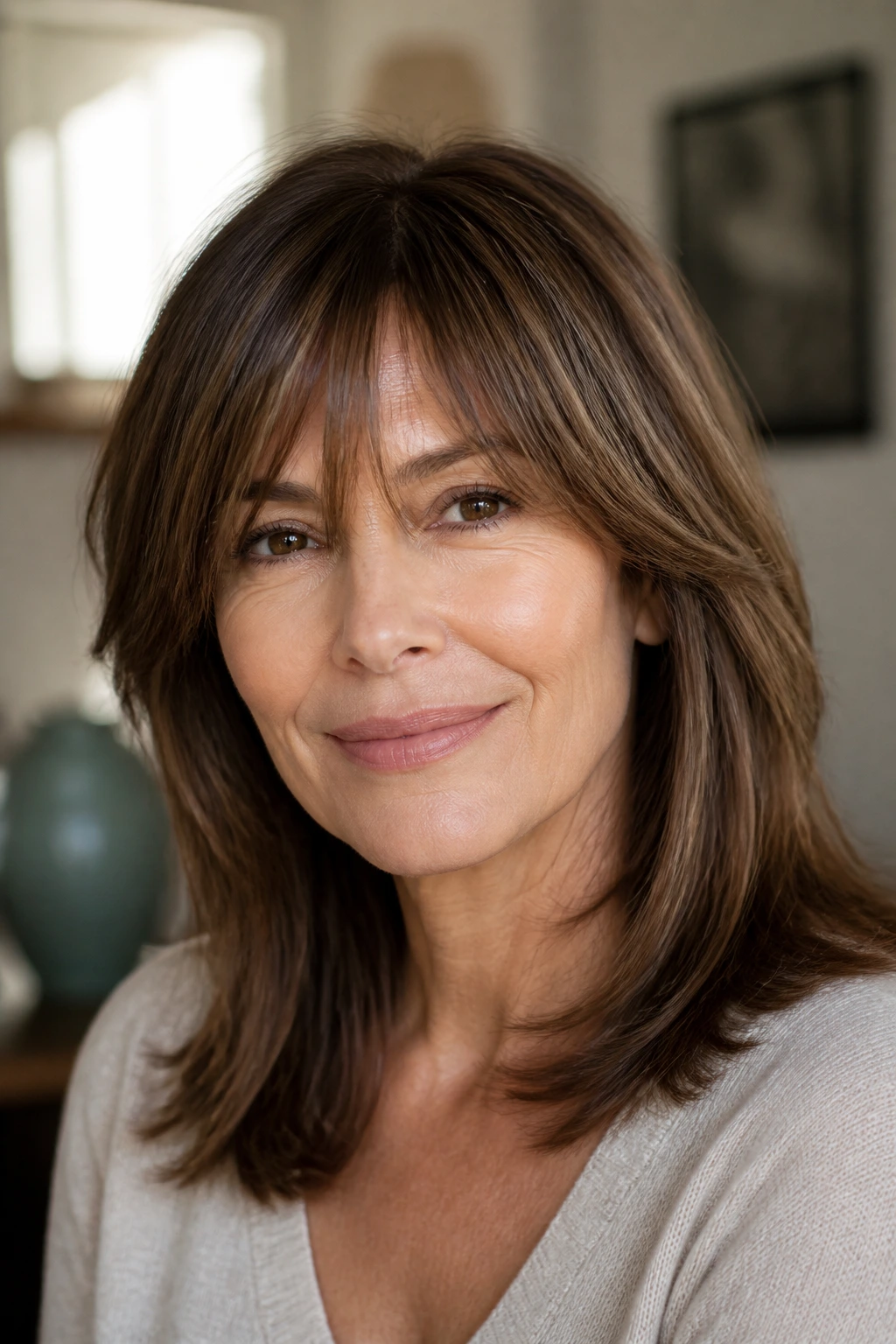 Close-up of a woman with mocha layered mid-length cut and long bangs