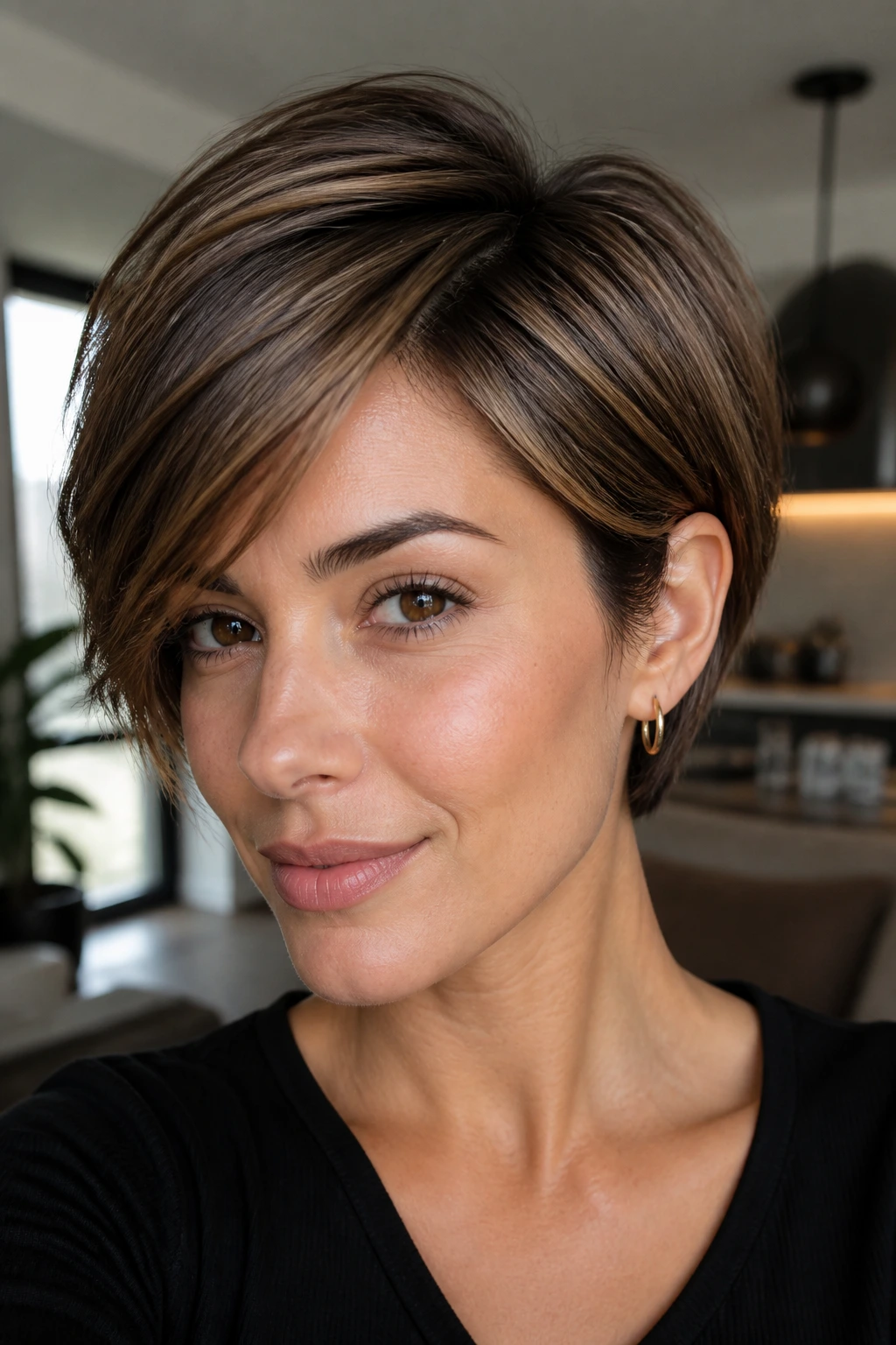 Portrait of a woman with dimensional mocha highlights on a sleek short cut