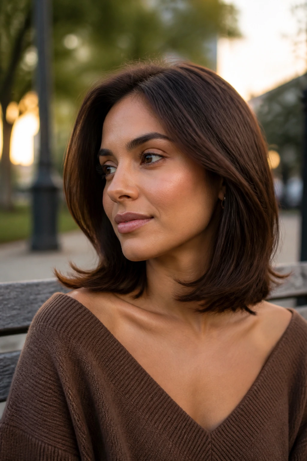 Close-up of a real woman with mocha lob and collarbone flip in warm afternoon light