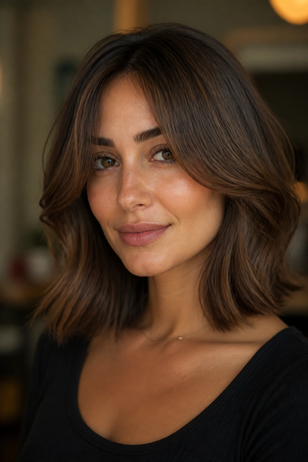 Close-up of a real woman with mocha lob and curtain bangs in warm indoor light.