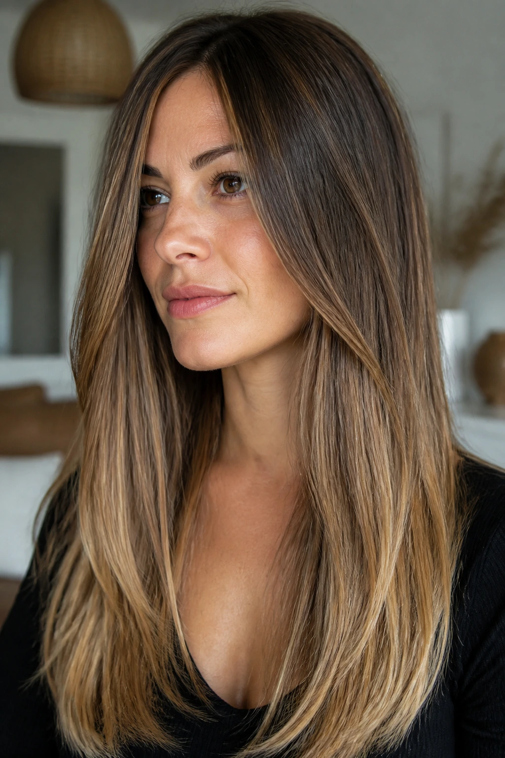 Close-up portrait of a real woman with mocha lowlights and light ends in long straight hair