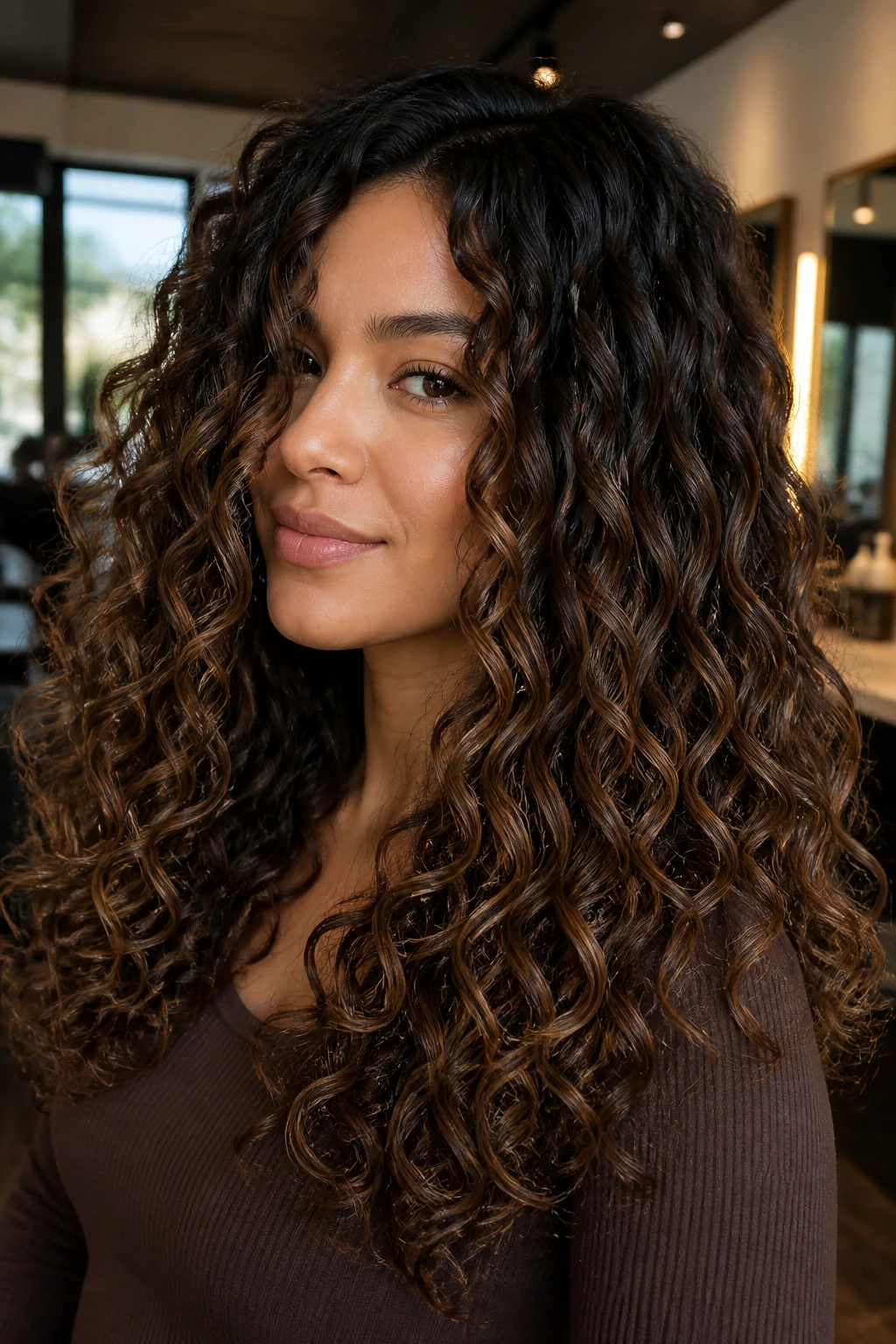 Close-up of curly hair with mocha melt balayage on a real person