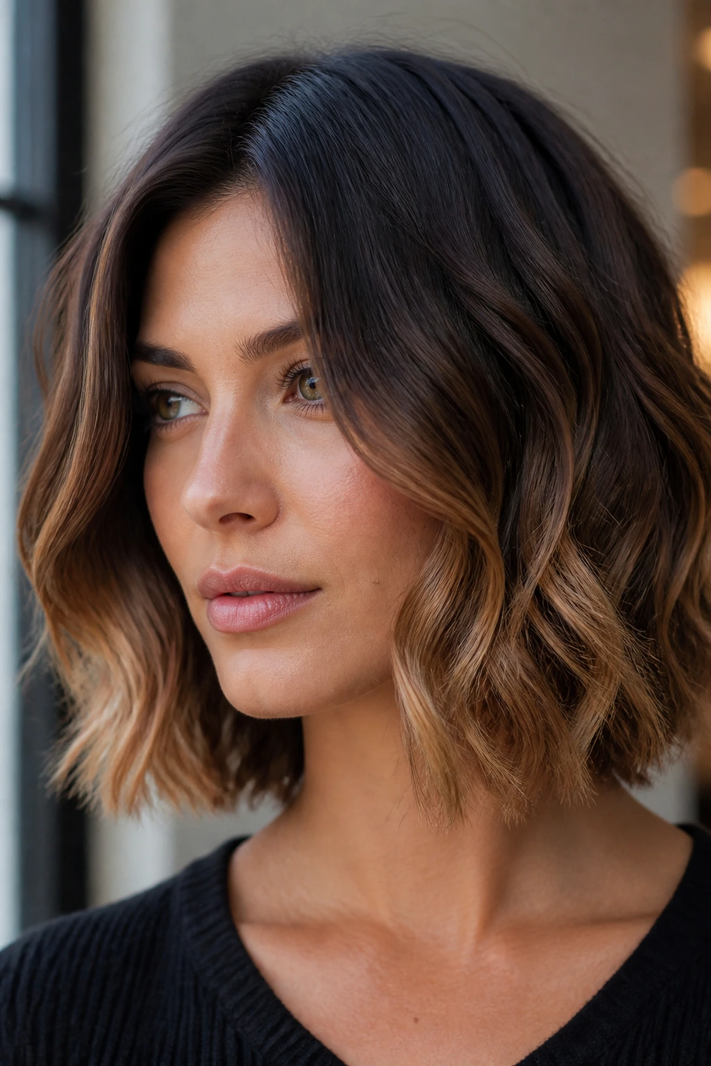 Close-up of real person with Mocha Melt and Caramel Ends hairstyle