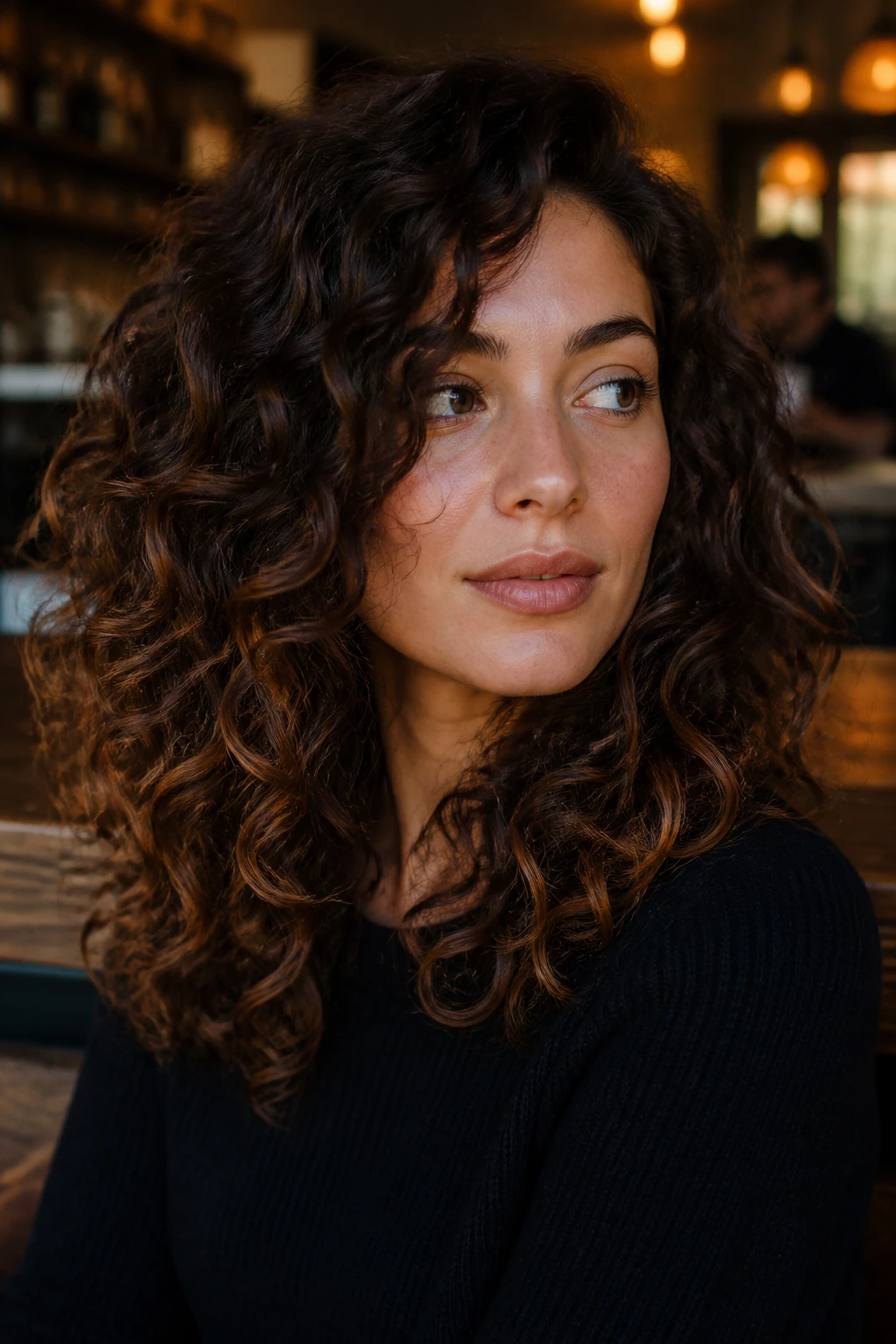 Close-up of a real woman with mocha melt curls and chestnut ends in a cafe