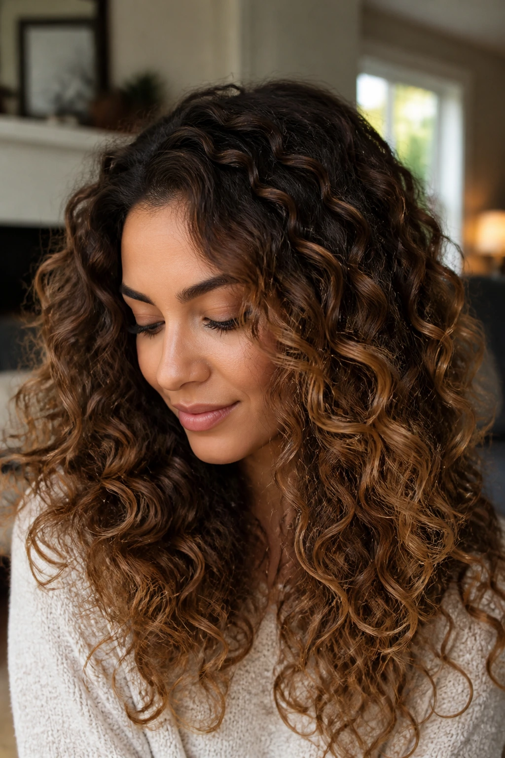 Close-up of curly hair showing mocha melt with soft root shadow