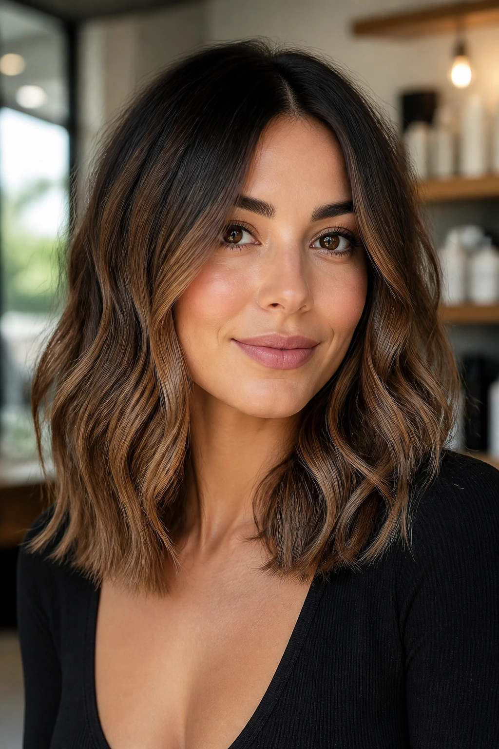 Close-up of a real woman with mocha melt hair and dark root on medium-length brunette