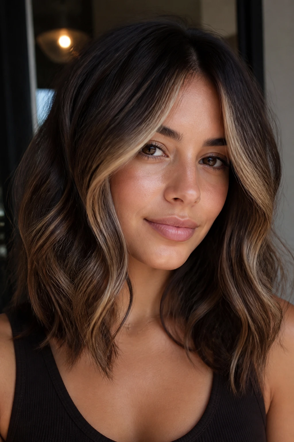 Close-up of a real woman with shoulder-length wavy brunette hair featuring front face-framing lighter lights
