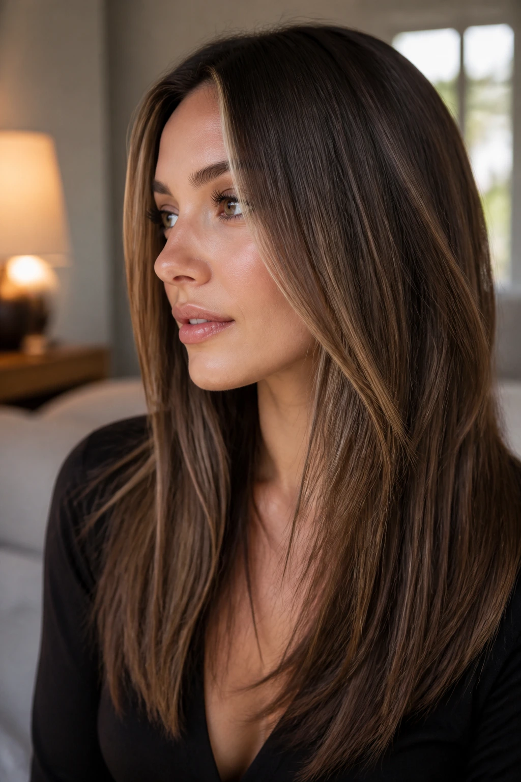 Close-up of straight hair with mocha melt and lighter front pieces framing the face
