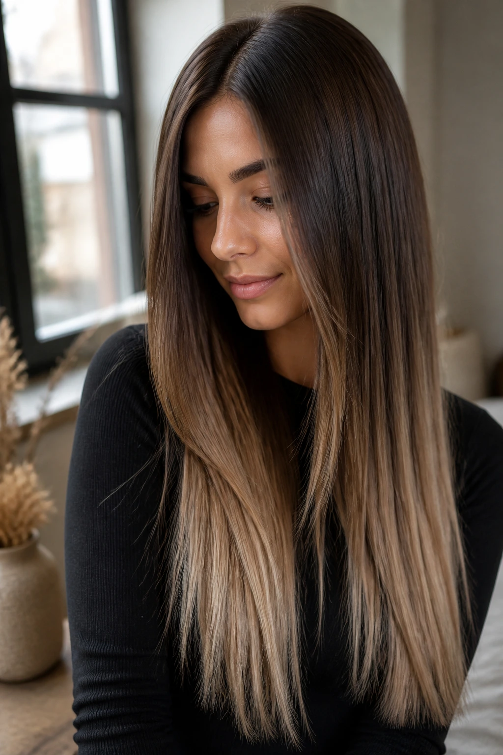 Close-up portrait of a real woman with mocha melt hair showing gradient to light ends