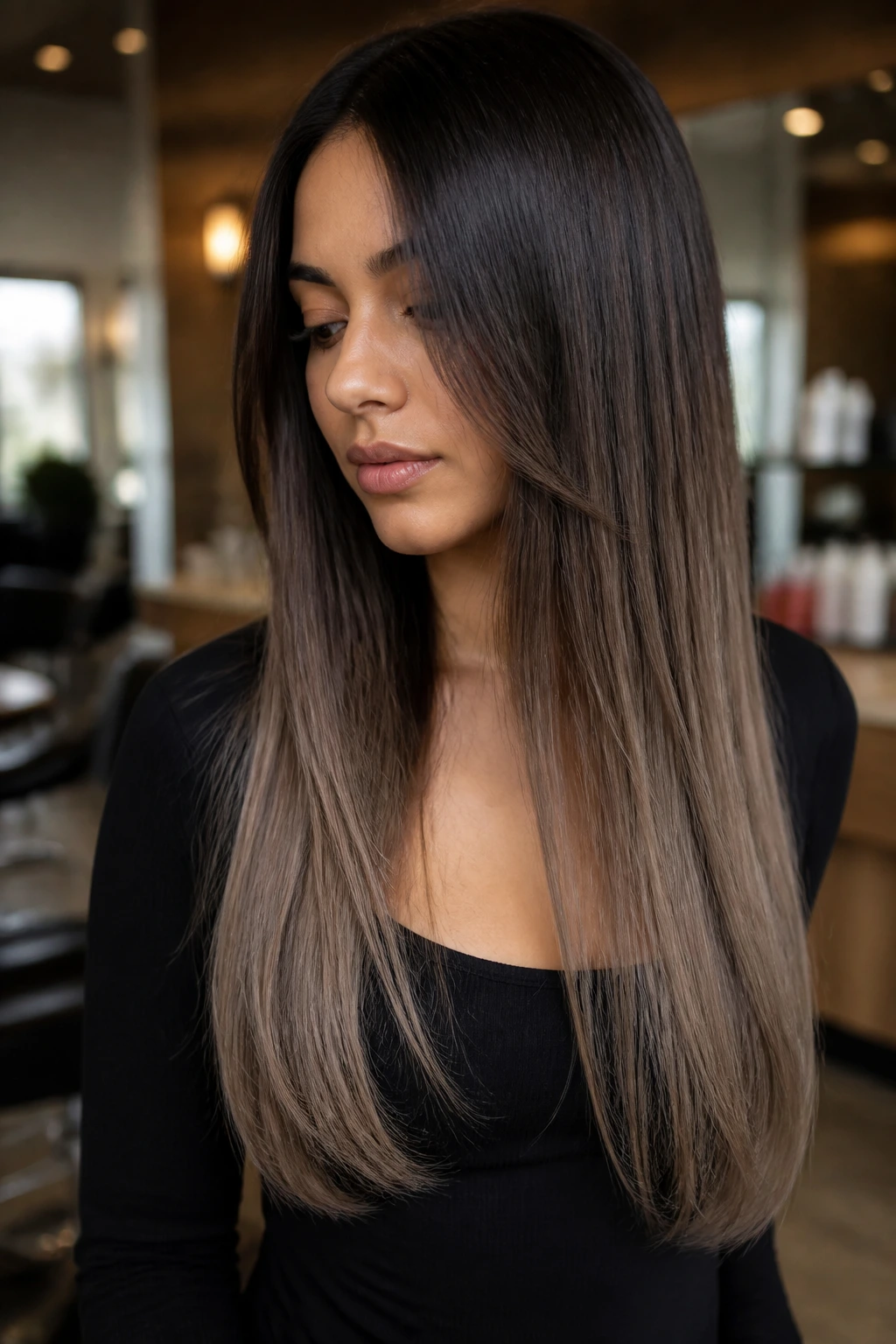 Close-up of a real woman's straight hair showing a mocha melt gradient from dark roots to lighter ends