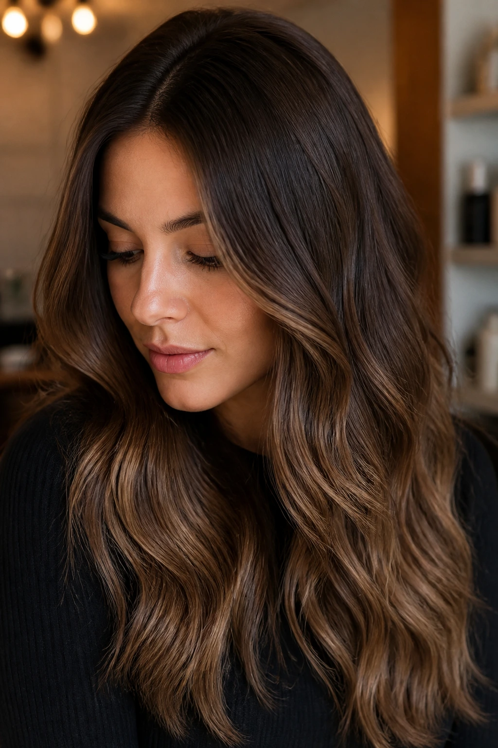 Portrait of a person with mocha melt hair gradient.