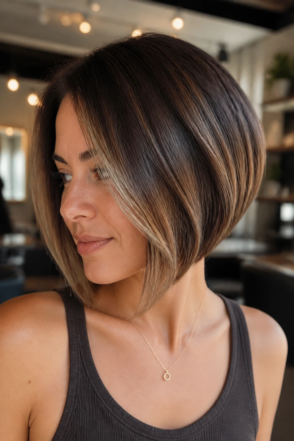Portrait of a real woman with mocha melt inverted bob in a sunlit salon