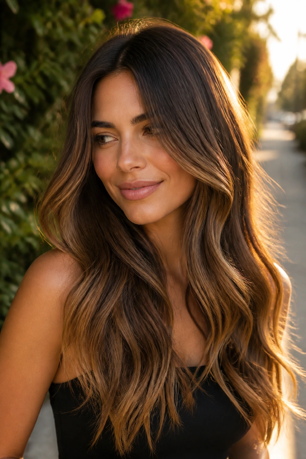 Close-up of long waves with a warm mocha melt from root to ends