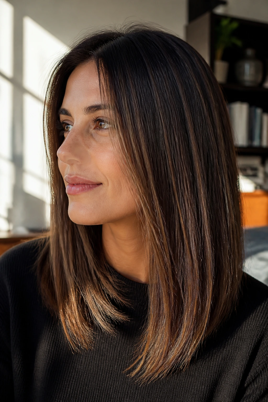 Portrait of a real woman with mocha melt and micro-highlights on straight hair in a cozy home setting