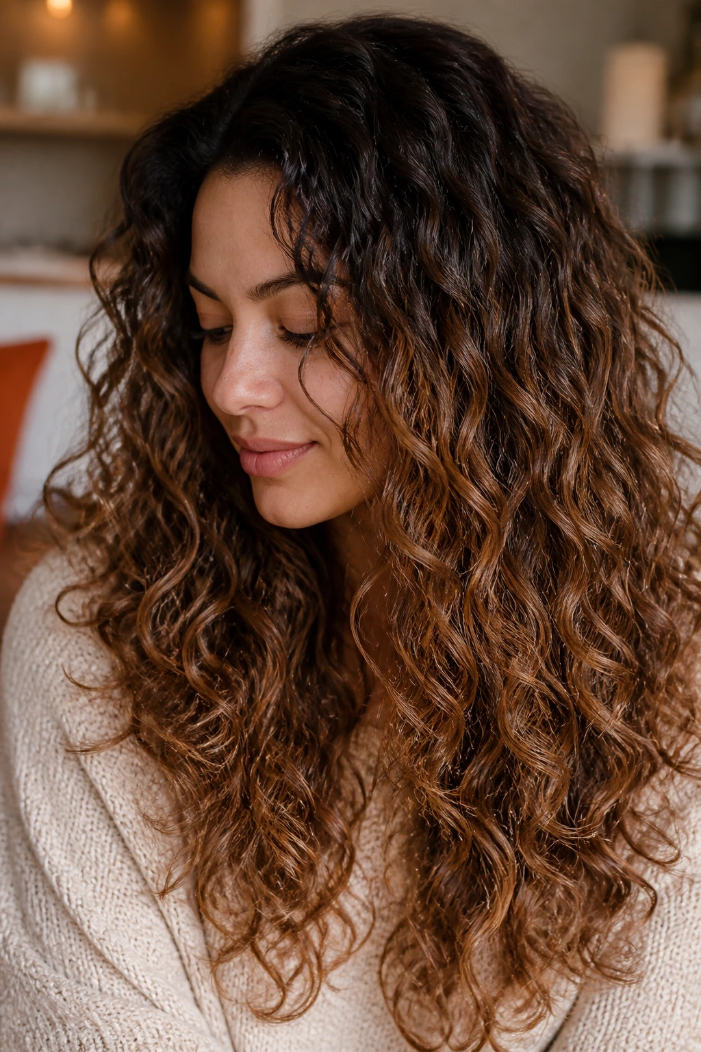 Real person with mocha melt highlights and soft root in curly hair