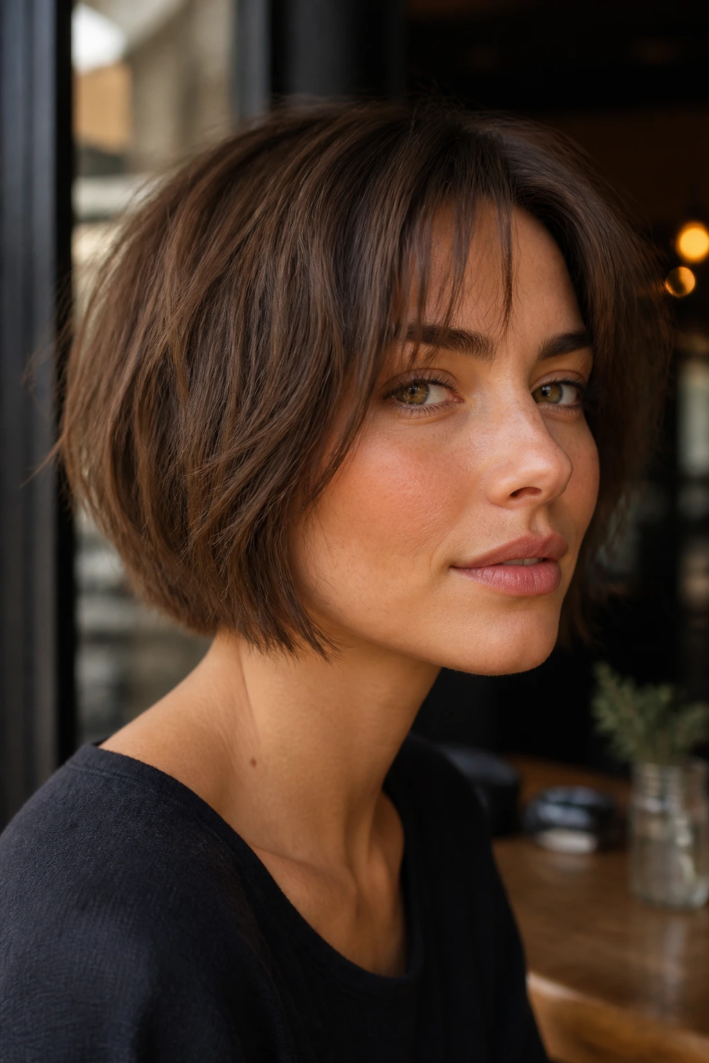 Close-up of mocha micro bob with airy texture on a real person