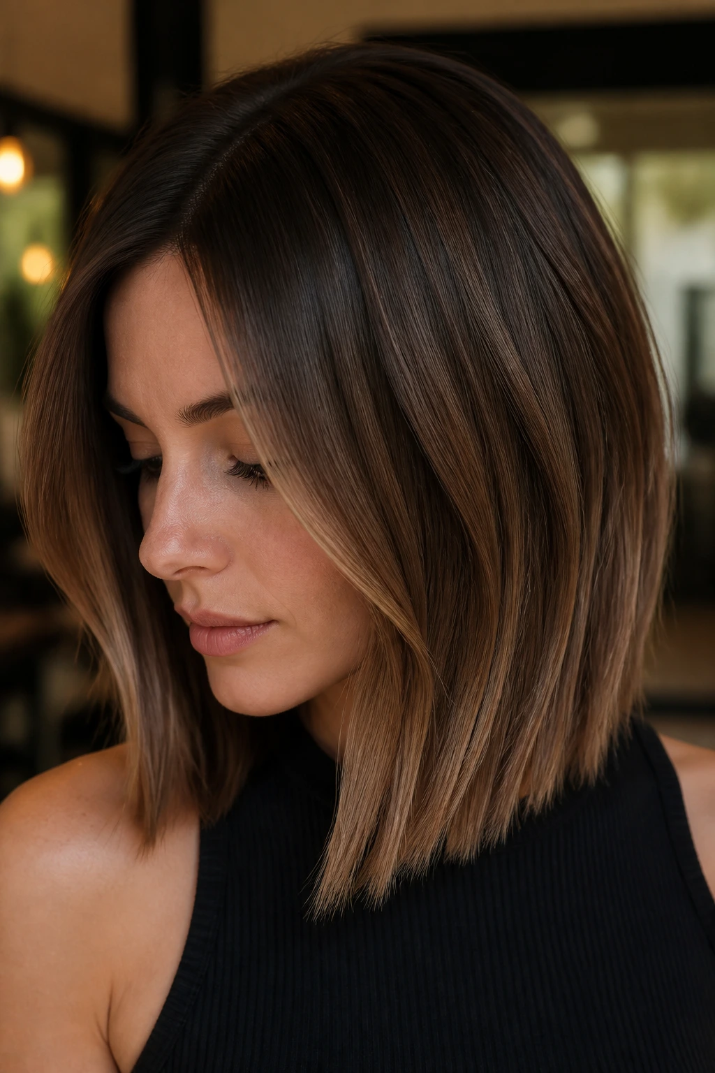 Close-up of brunette hair showing mocha-to-milk chocolate gradient from root to ends